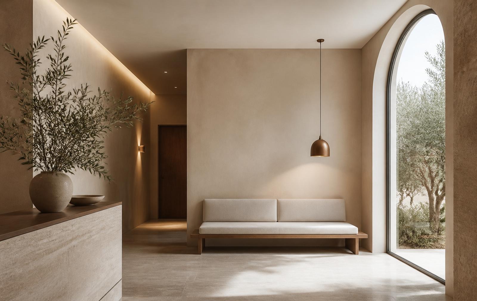 Quiet Aurevia consultation space with warm ivory walls, arched window and bronze pendant light